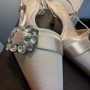 Lulu's Satin Slingback Heels with Crystal Buckle